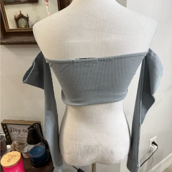 By Egreis - Off-Shoulder Ribbed Button-Up Top - Blue - Picture 3 of 6